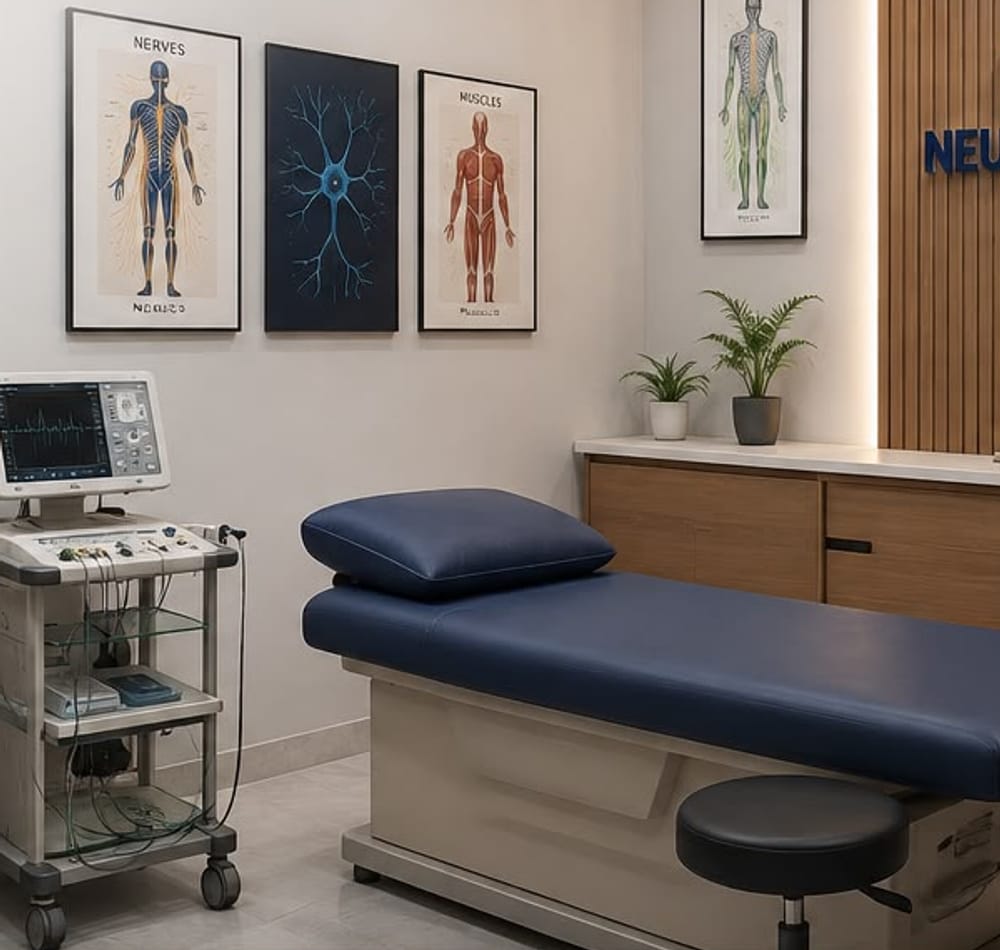 Treatment room at the clinic with an examination couch, neurophysiology equipment and anatomical wall charts