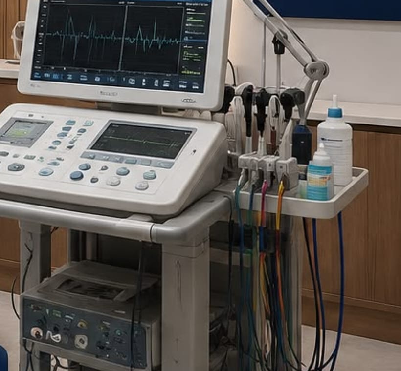Neurophysiology recording system on a mobile cart, with a display showing a live waveform trace