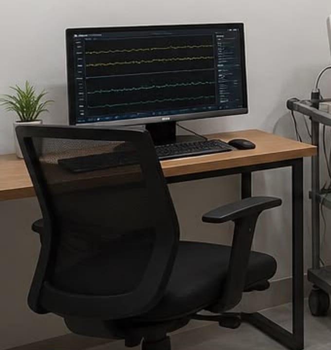 Reporting workstation with a monitor displaying recorded neurophysiology traces